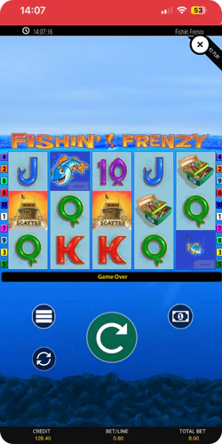 Main Fishin Frenzy game view with reels and fishing symbols